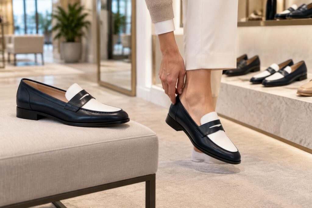 découvrez comment choisir des mocassins bleu marine et blanc pour femme : conseils sur le confort, la matière, la pointure et le style.